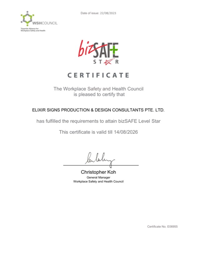 bizSAFE Star certificate issued to Elixir Signs Production & Design Consultants Pte. Ltd. by the Workplace Safety and Health Council, certificate no. E06955