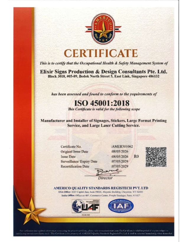 ISO 45001:2018 certificate issued to Elixir Signs Production & Design Consultants Pte. Ltd. &mdash; Occupational Health & Safety Management System, certificate no. AMER501062